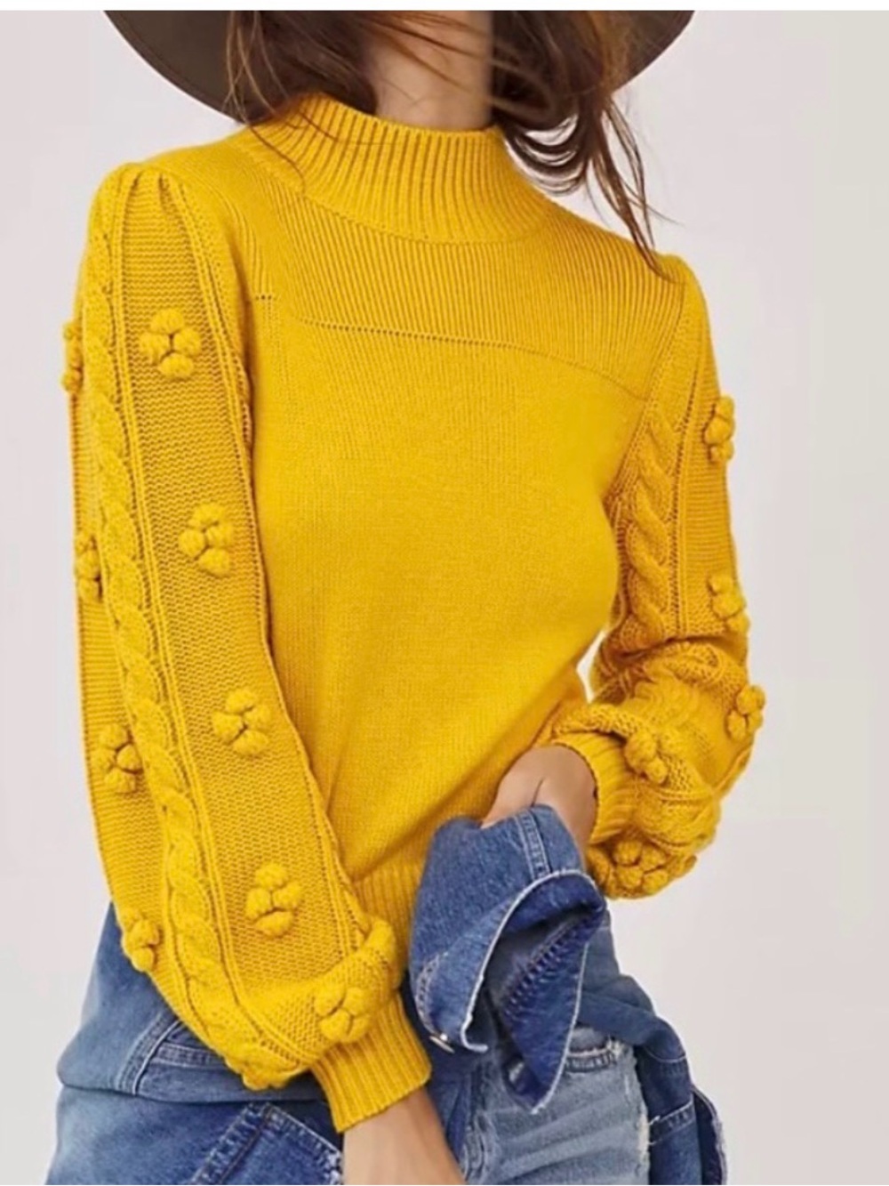 Maeve x Anthropologie Kiara Mustard Yellow Bauble Sleeve Cable Knit Sweater